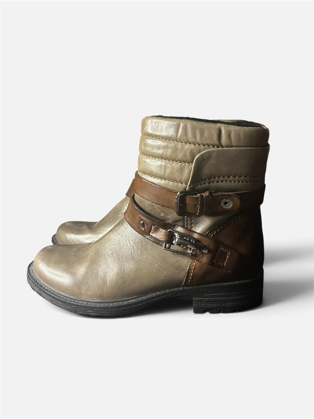 Earth Leather Moto Ankle Boots 7b Gray Faux Fur Lined Comfort Side Zip Lug Sole